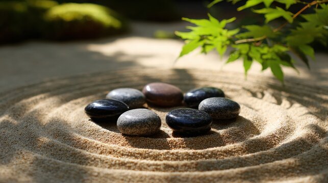 Precisely arranged polished river stones in a serene Zen garden setting with dappled sunlight and green foliage.