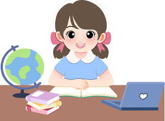 Young girl studying with globe and laptop on wooden desk, surrounded by books, in a quiet environment, viewed from the front.