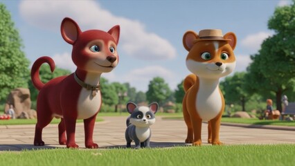 Naklejka premium Three cute animated dogs stand in a sunny park with green grass and trees