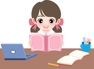 A young girl reading a book with a laptop and stationery on the table in a cozy environment from a front viewpoint slice2.png