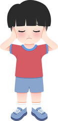 A young boy covering his ears, standing alone, wearing casual clothes, in a straightforward illustration, file reference slice11.png