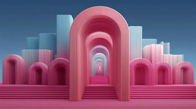 A striking geometric architectural design featuring rows of arches in various shades of pink and blue