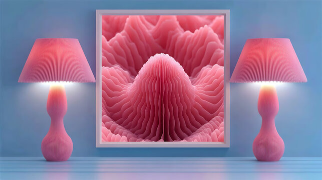 An image featuring two pink lamps flanking a picture