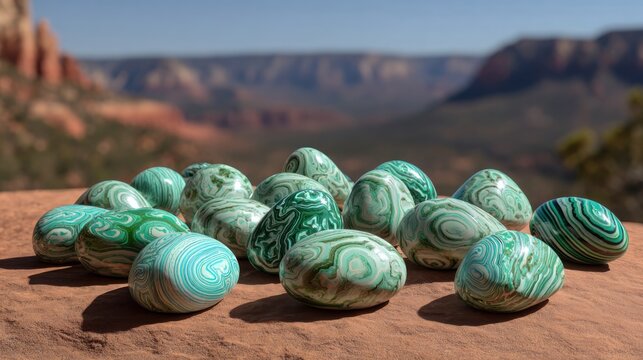Collection of polished malachite stones with unique banded patterns displayed on a natural rock surface with a desert canyon background