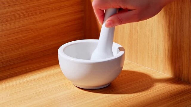 White mortar and pestle on wooden surface