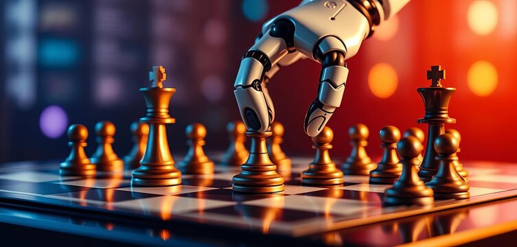 A robotic hand carefully places a chess piece on a chessboard,  texture,  bishop