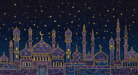 Islamic Mosque Silhouette with Crescent Moon and Stars in Mystical Night Sky with Golden Illustration for Cultural Heritage