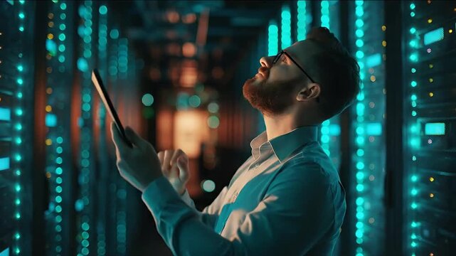 Focused IT professional utilizing a tablet within a dynamic, glowing server room, managing intricate data networks and digital infrastructure for modern business operations