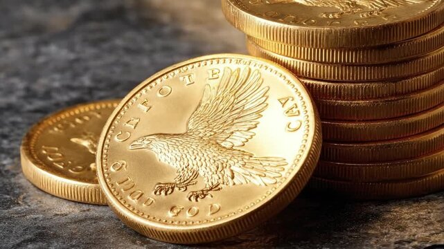 Stacked gold coins display an eagle design and lettering casting soft shadows on a textured surface