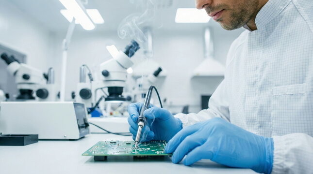 Focused engineer in a cleanroom precisely soldering a circuit board, symbolizing microelectronics manufacturing, R&D, and high-tech innovation.