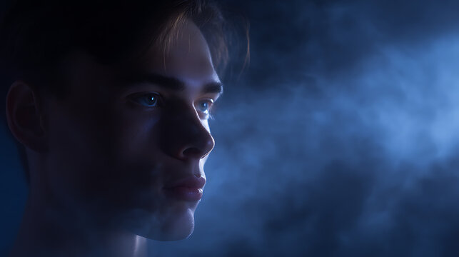 A portrait of a contemplative individual bathed in cool light
