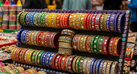 Colorful Indian Bangles in Vibrant Display with Rich Textures and Patterns for Cultural Jewelry Advertising
