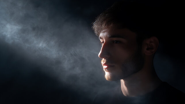A contemplative portrait of a man illuminated by a beam of light, exuding serenity. The stark contrast creates a dramatic effect