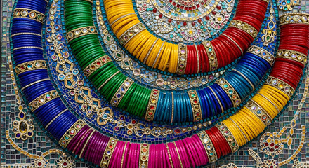 Colorful Bangles in Vibrant Display with Ornate Patterns on Mosaic Background for Jewelry Advertising