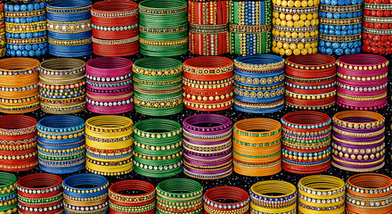 Colorful Indian Bangles in Vibrant Display with Bright Lighting on Stacked Format for Cultural Heritage