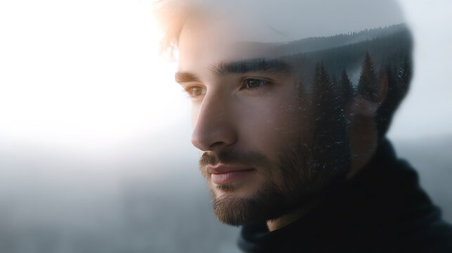 A portrait of a thoughtful man, set against a blurry natural backdrop