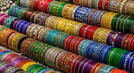 Colorful Bangles in Vibrant Display with Bright Lighting on Textured Surface for Jewelry Advertising