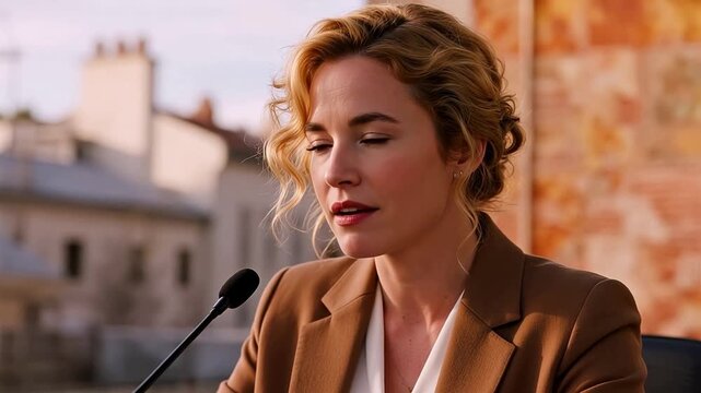 Woman in brown blazer speaking into microphone