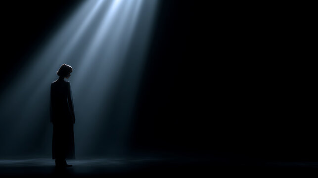 A solitary figure bathed in a dramatic spotlight, against a backdrop of deep shadows
