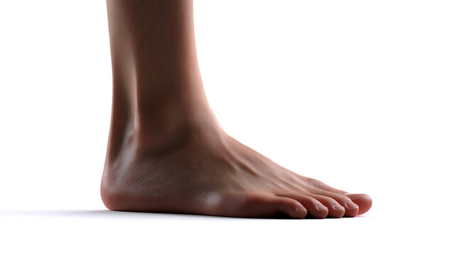 A close-up view of a bare foot, showcasing skin detail and contours. The foot is positioned with the toes visible and the arch clearly defined