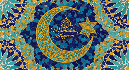 Ramadan Kareem Greeting Card with Crescent Moon and Star in Golden Ornamental Pattern on Blue Background for Islamic Holiday
