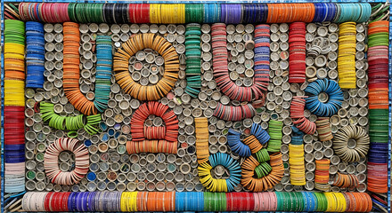 Colorful Bottle Cap Artwork in Mosaic Style with Bright Vibrant Colors on Metal Texture for Home Decor