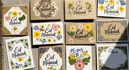 Eid Mubarak Greeting Cards with Floral Patterns in Soft Pastel Colors on Craft Paper for Islamic Celebrations
