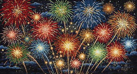 Vibrant Fireworks Explosion in Colorful Night Sky with Bright Lights and Sparkling Effects for Celebration