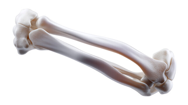 An anatomical depiction of the human forearm, showcasing the radius and ulna bones, the carpal bones