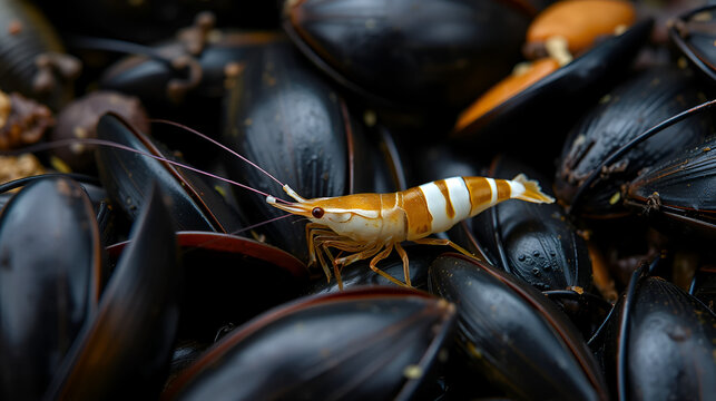 Rockpool shrimp (Palaemon elegans), shrimp looking for food among mussels, Black Sea