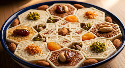 Assorted Baklawa Pastries in Traditional Middle Eastern Style with Vibrant Colors and Delicate Textures on Ceramic Plate for Food Blog