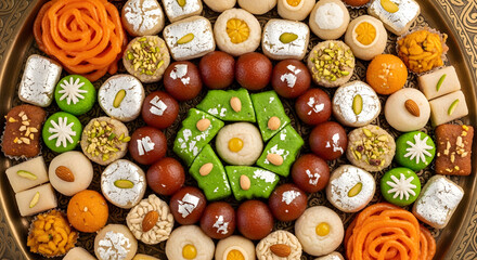 Assorted Indian Sweets in Vibrant Colors on Decorative Tray with Intricate Designs for Cultural Celebrations