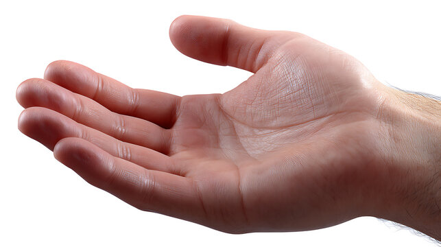 A close-up shot of an open palm, depicting the human hand in detail. The skin's texture and lines are visible