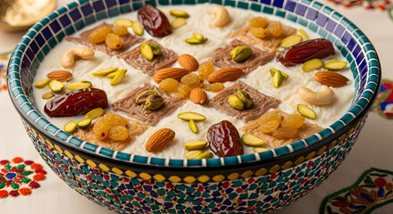 Traditional Middle Eastern dessert in vibrant mosaic bowl with dates and nuts in warm soft lighting for cultural cuisine