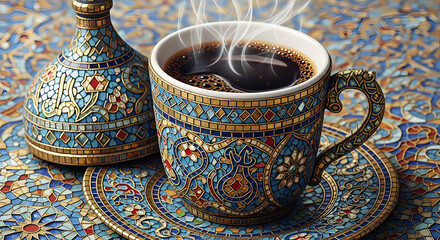 Moroccan coffee cup in traditional ornate design with steam rising in warm cozy lighting on intricately patterned tablecloth for cultural heritage