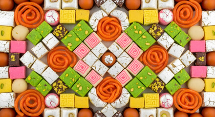 Mahjong tiles in vibrant colors with rose decorations in overhead view for game design