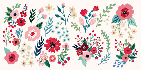 A colorful hand painted floral arrangement with various blooms and leaves