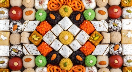 Assorted Indian Sweets in Vibrant Colors with Intricate Patterns and Textures in a Diamond-Shaped Arrangement for Cultural Celebrations