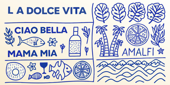 Stylized illustration featuring italian phrases and coastal themed doodles