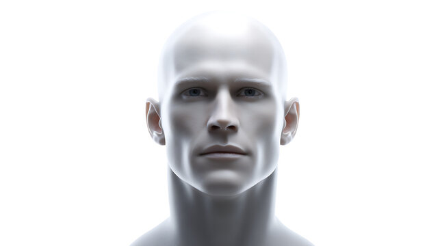 A striking portrait of a bald-headed person gazing directly at the viewer with a composed expression. The subject's skin reflects the light, enhancing the image's dramatic contrast.