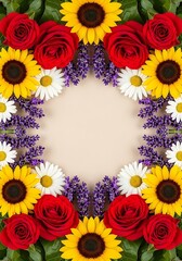 Obraz premium Floral frame featuring vibrant roses, sunflowers, daisies, and lavender sprigs