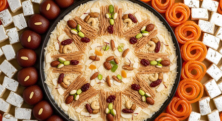 Traditional Indian Halwa dessert with dates and nuts in vibrant colors on a decorative platter for festive celebrations