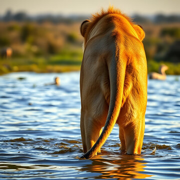 Wide shot of a male lion sniffing the female's rear end showing the flehmen grimace while standing in the water in the Okavango Delta.