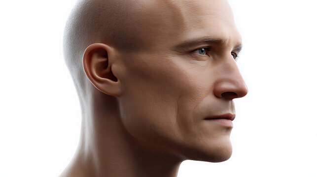 A close-up profile portrait of a man, showcasing his bald head and serious expression