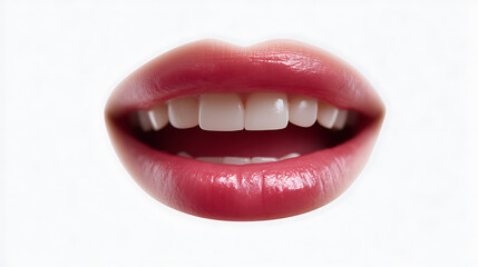 Obraz premium A close-up shot of a pair of glossy red lips with white teeth, highlighting a smile