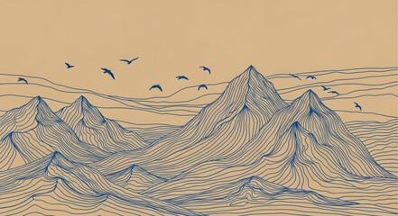Abstract mountain range with birds flying overhead. © Vita