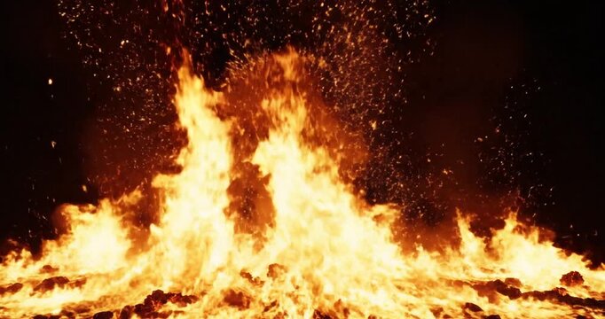 Intense flames rising from a large fire with sparks flying upwards against a dark background.