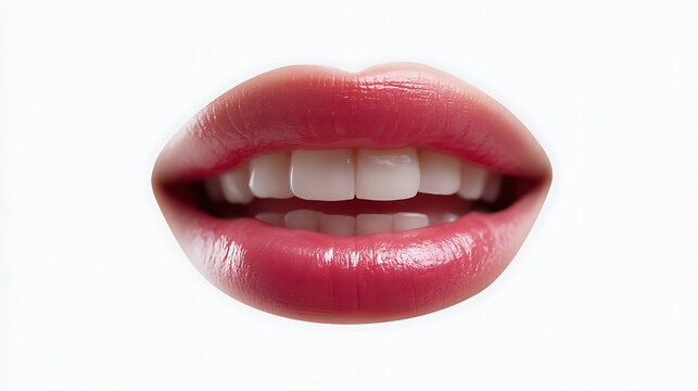 Close-up shot of a pair of well-defined lips with a shiny, red lipstick