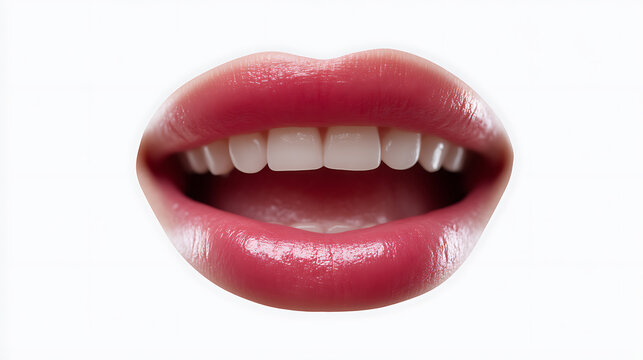 A close-up view of open lips with a bright smile. The perfect teeth are displayed
