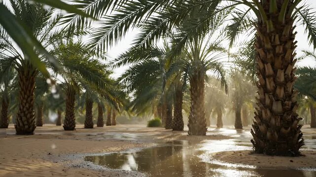 Date Palm Grove Watering In Desert Sunlight